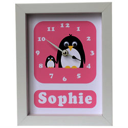 Stripey Cats Personalised Poppy & Petula Penguin Framed Clock, 23 x 18cm Pink